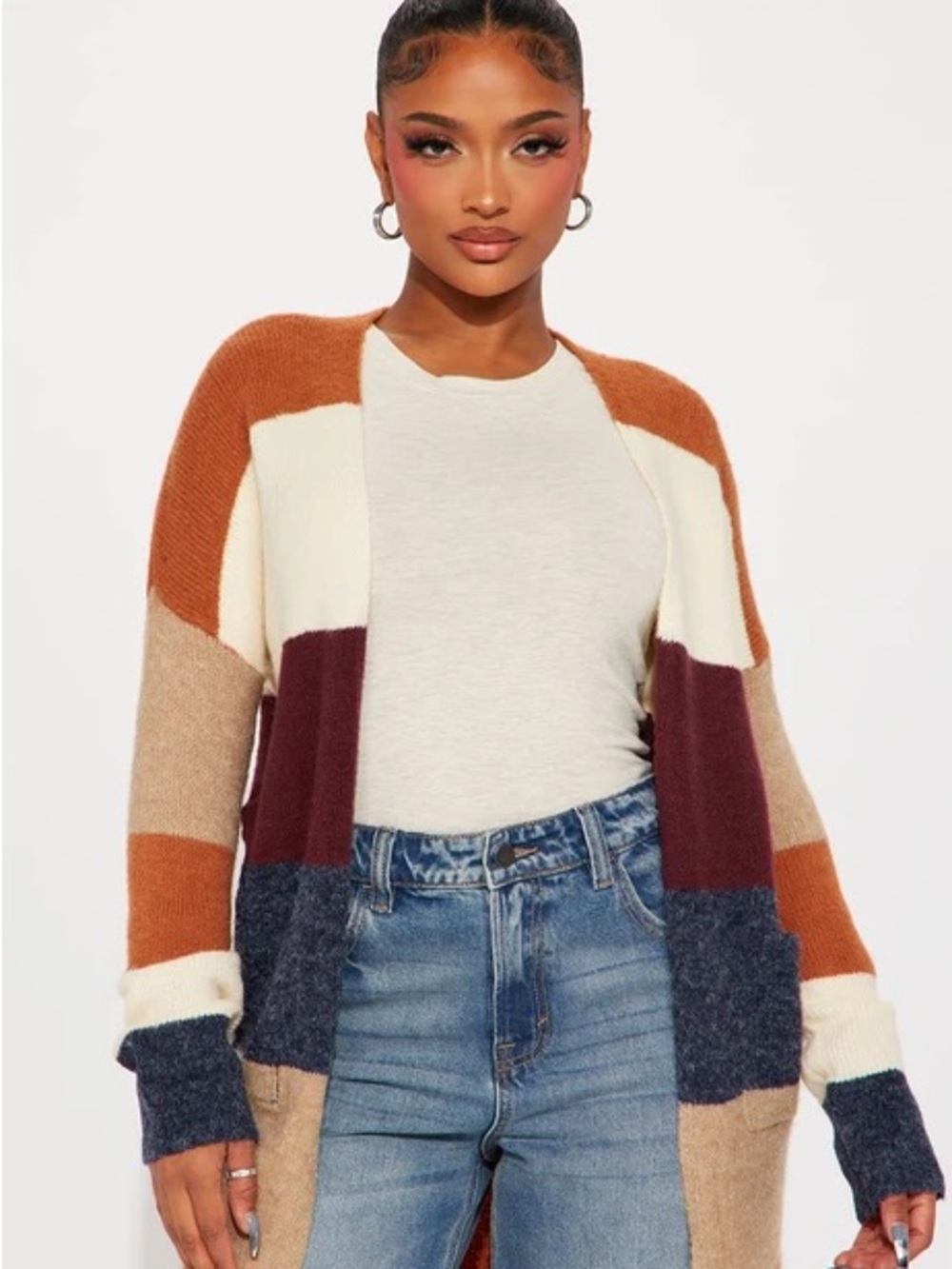 Fashion Nova Multi-Block Open Cardigan in Cream, Tan & Rust